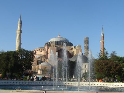 The Hagia Sophia with one of its minarets under construction.