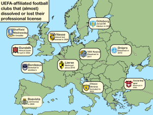 Map of different UEFA-associated clubs that (nearly) dissolved or lost their professional license. 