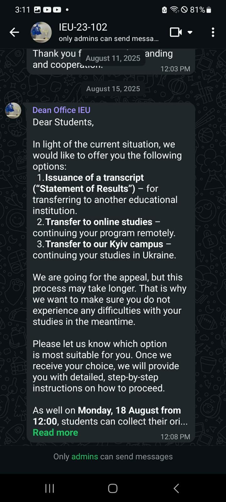 Screenshot of a message from the IEU group chat showing the options that were given to their students. Date of the message: 15 August 2025.