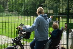A woman on a bike with a child on the backseat. She points at something.