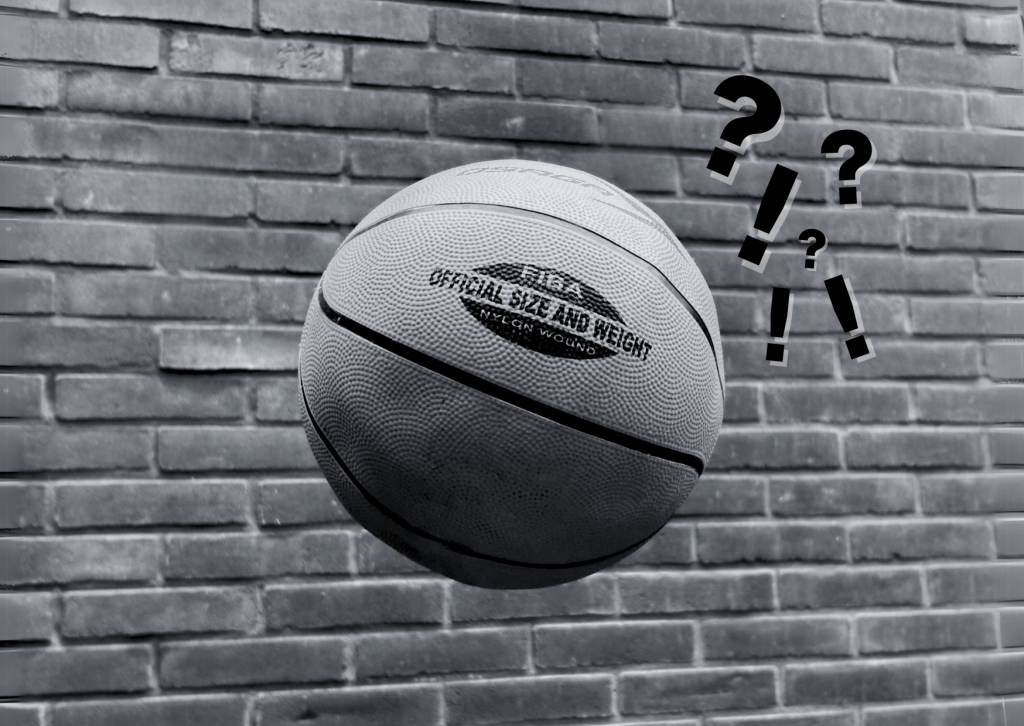 Basketbal met vraag- en uitroeptekens eromheen @Iris Nulkes