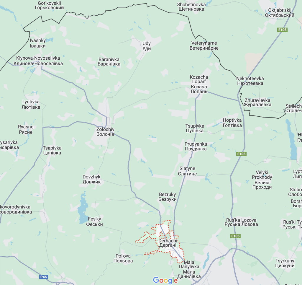 Derhachi dertig kilometer van de Russische grens. Bron: Google Maps