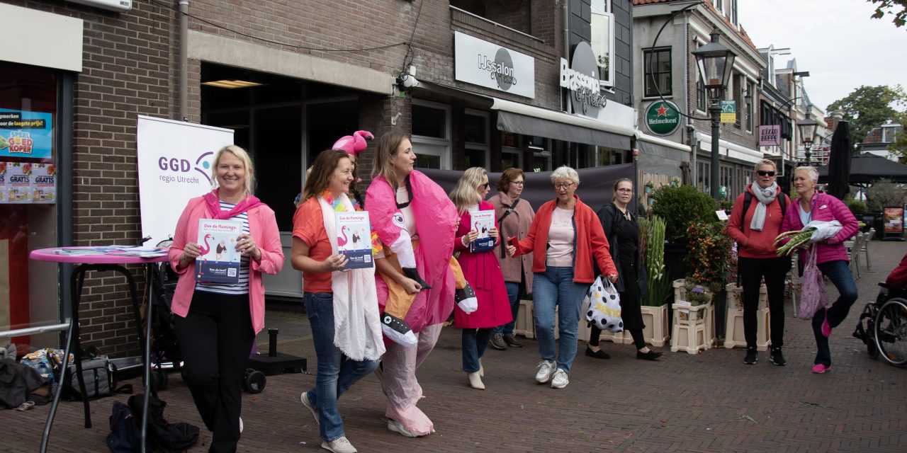 Flamingo’s gespot in Breukelen om aandacht te trekken voor valpreventie.