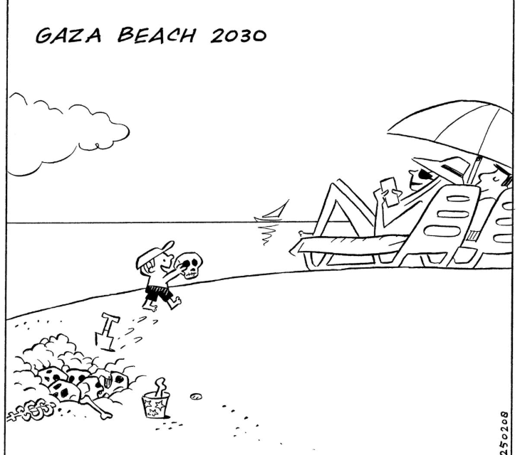 De spotprent van 2025: “Gaza-Beach 2030”, satire die raakt en aanzet tot nadenken