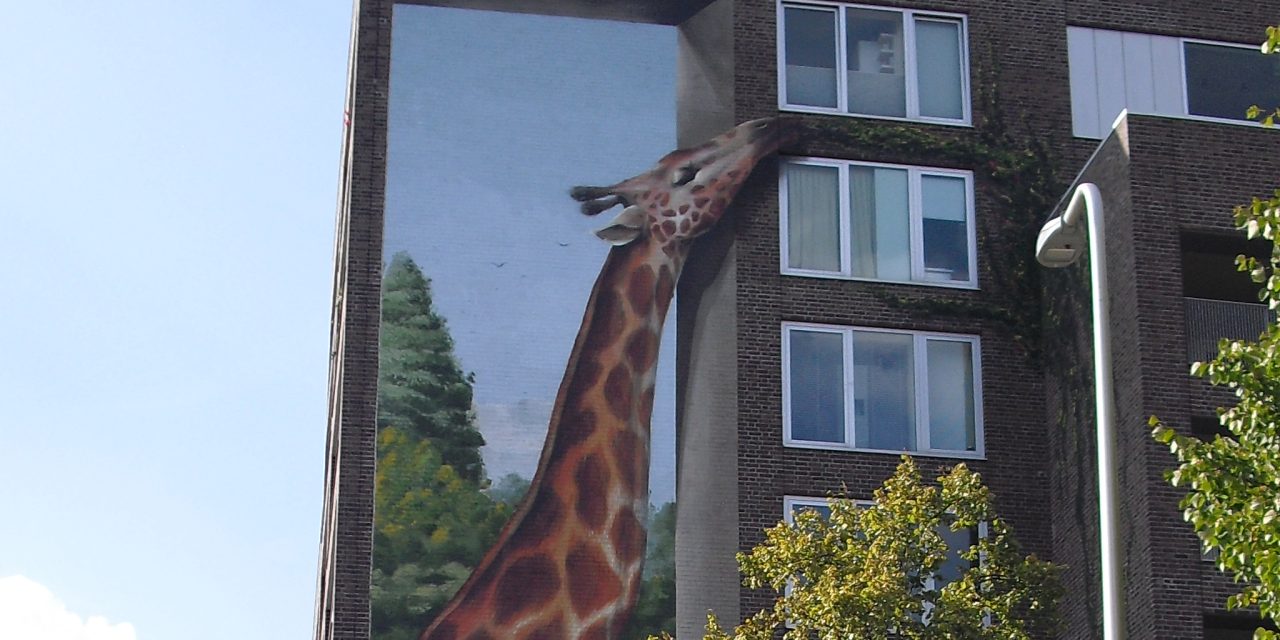 Kunstenaar ‘Jan is de man’ vrolijkt Hoograven op met nieuwe muurschildering van giraffe.