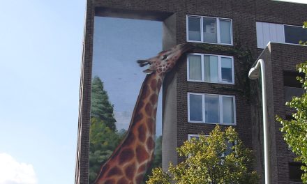 Kunstenaar ‘Jan is de man’ vrolijkt Hoograven op met nieuwe muurschildering van giraffe.