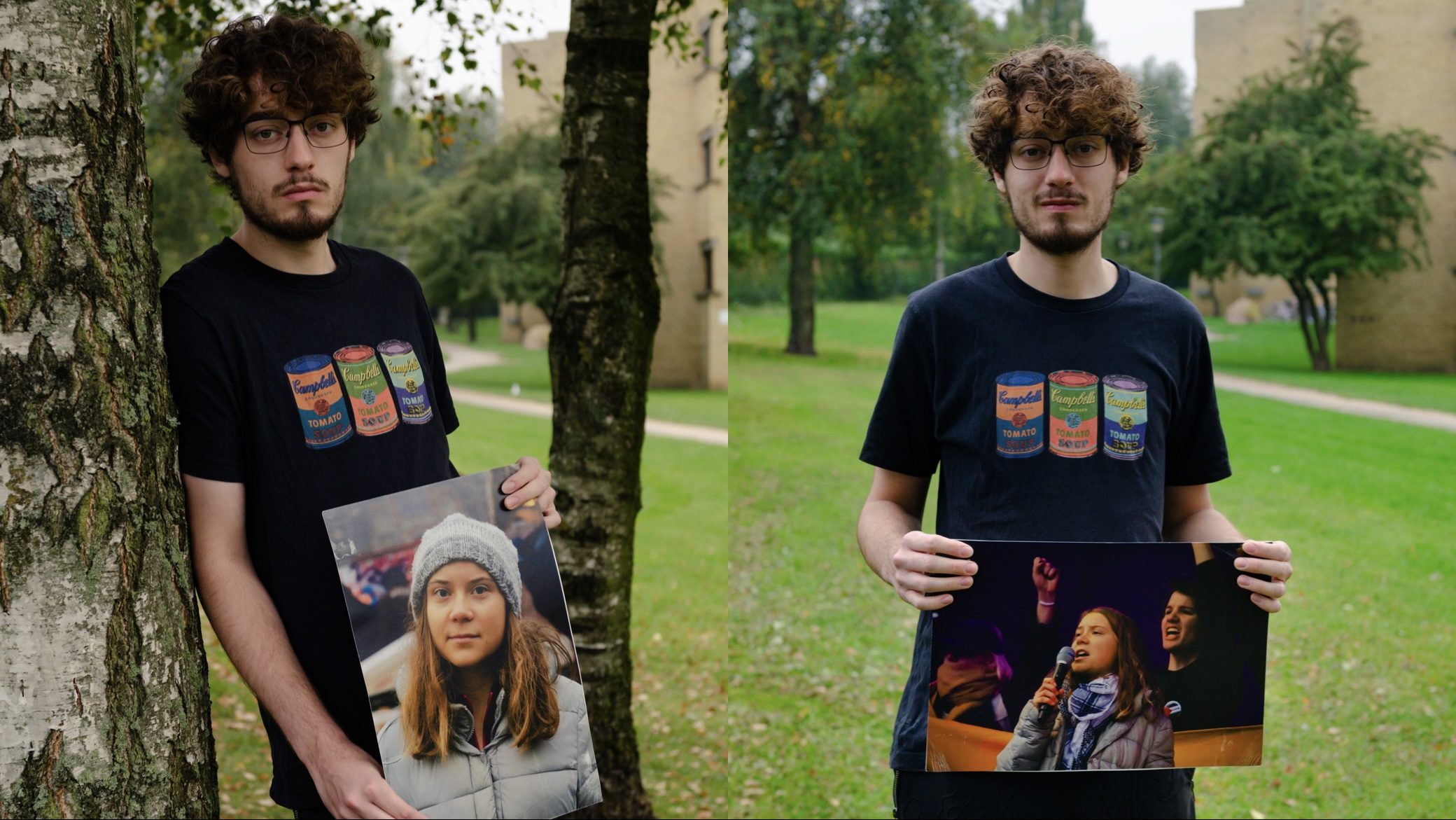 Student Sil Moison poseert met trots, zijn foto's van Greta Thunberg in zijn handen.