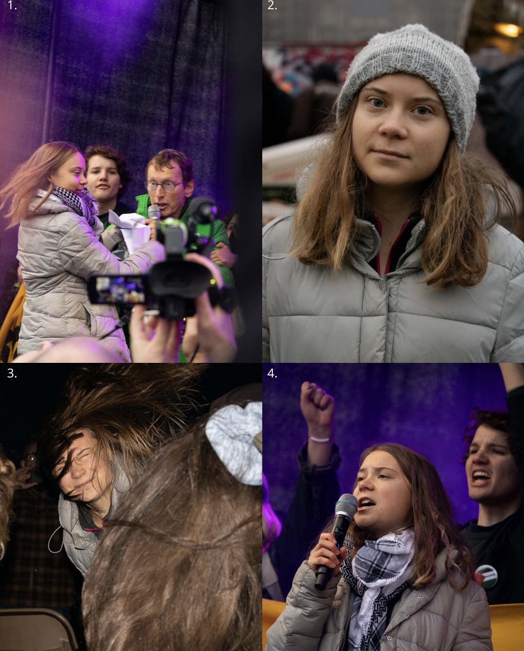 Fotoserie door Sil Moison (1) Greta op het moment dat haar microfoon wordt afgepakt. (2) Een portret van Greta Thunberg. (3) Greta danst op de muziek van de Haarlemse band Chef’Special.(4) Greta houdt een toespraak tijdens de klimaatmars.