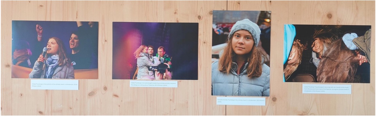 Fotoserie van Greta Thunberg tijdens de klimaatmars. De foto's zijn te zien aan de muur in het Domen voor de solo-expositie van Sil Moison.